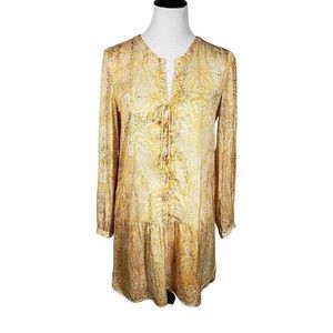 Zara Woman size Medium Yellow Print Long Sleeve Lace Up Polyester Tunic Dress